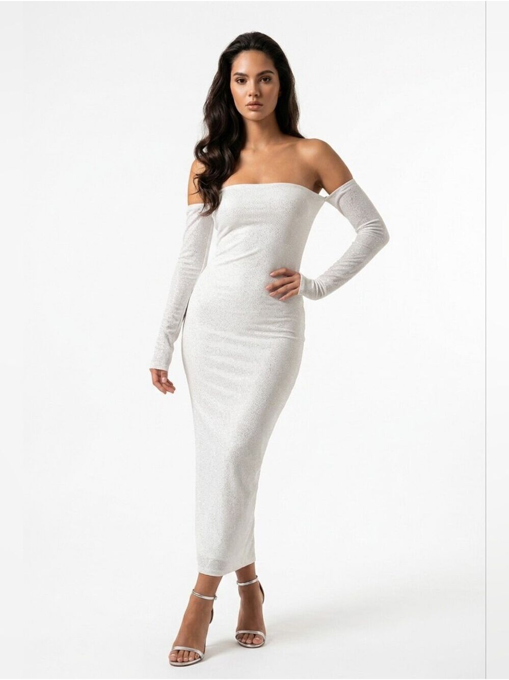 MESHKI Off-Shoulder White Bodycon Midi Dress